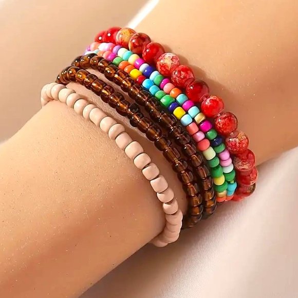 Bracelets 6 Seed Bead Glass Stretchy Boho Stylish Surfer Trendy colorful Fun NEW - Picture 2 of 5